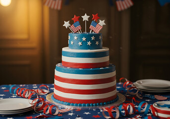 Patriotic Tiered Cake with American Flag Decorations | Red White and Blue Dessert for Fourth of July Celebration, Memorial Day Party, and USA themed Events
