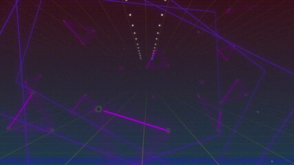 Camera creeping forward causing neon rods shifting and ring pulsing on grid floor, in wireframe box - Powered by Adobe