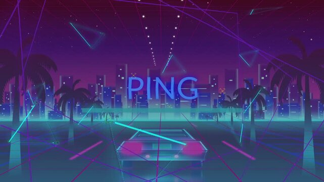 Pulsing beams animating neon sports car PING text on magenta grid roadway, with glitch art