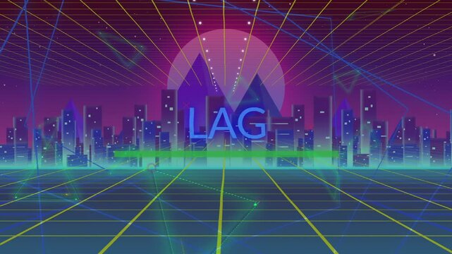 Emerging after 4-second pause, neon blue text spelling LAG above skyline on grid, with magenta sun