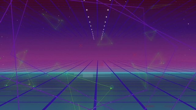 Timeline advancing neon grid plane pulsing in digital grid with wireframe triangles and dotted path