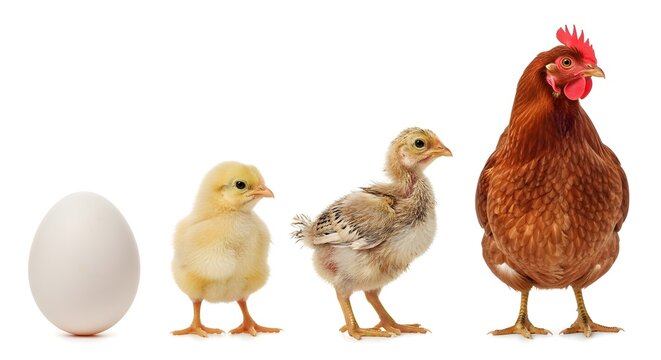 Life Cycle of a Chicken: Egg, Chick, Adolescent, and Adult Hen Stock Photo