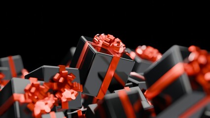 Black gift boxes isolated on black background. Gifts with ribbons. Rotate gift box. 3D gift boxes pattern. Present boxes with red ribbon. Gift box sale background concept. 3d icon.