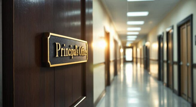 Principals office signage and school hallway perspective with soft lighting
