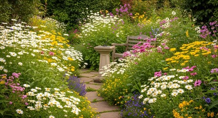  Lush English Cottage Garden with Stone Path and Wooden Bench