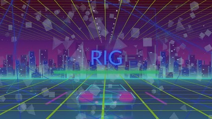 Following static neon grid opening, glowing RIG letters emerging at horizon, with drifting cubes - Powered by Adobe
