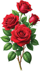 Red roses bouquet with vibrant green leaves. Beautiful red roses with green leaves. Fresh red roses on a white background. Elegant red roses for romantic occasions