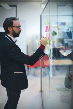 Glass partition is receiving yellow marker writing on green sticky notes in office, copy space