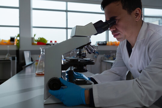 Asian man operating microscope at lab bench adjusting focus with Erlenmeyer flask, copy space