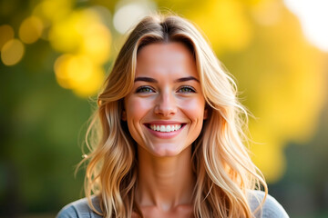 Naklejka premium beautiful brunette smiles against the backdrop of sunny rays of the sun in nature