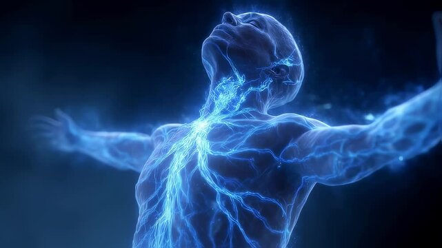 Oxygen, depicted as glowing spikes, flows through the body of a hyperventilating man with arms outstretched, illustrating the concept of respiration and medical science visualization