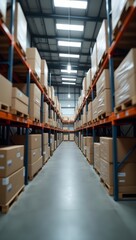 Fototapeta premium Blurry Warehouse Inventory Scene with Stacked Shelves and Cargo Containers