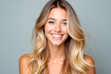 portrait of a young woman beautiful girl woman blonde with gorgeous white curly hair smiles with white teeth for advertising shampoos creams toothpastes on neutral gray background