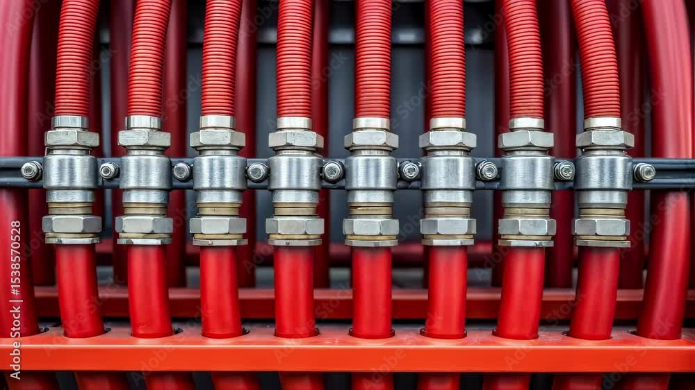 Poster red hydraulic hoses and connectors repeating pattern