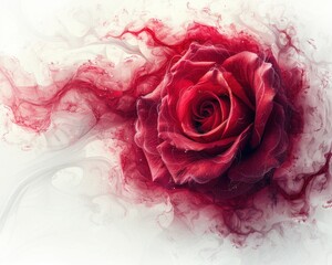 Elegant Red Rose with Swirling Deco on Abstract White Background , Elegant Floral Illustration of Red Rose