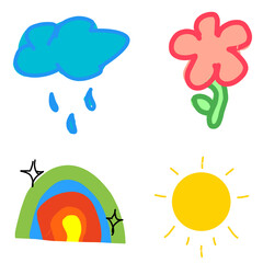 Cute Summer Elements – Sun, Cloud Rain, Flower, and Rainbow Doodle Set