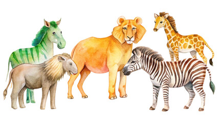 Jungle Animals Group with Elephant, Giraffe, and More Watercolor Transparent Background