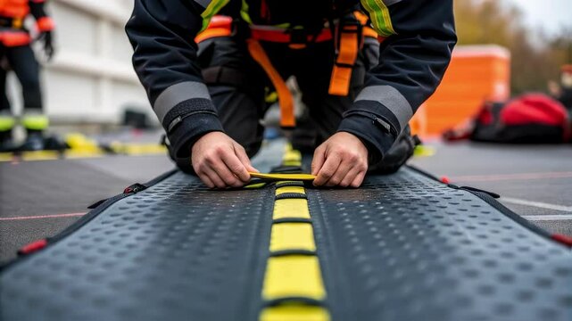 Firefighter fastening inflatable rescue cushion