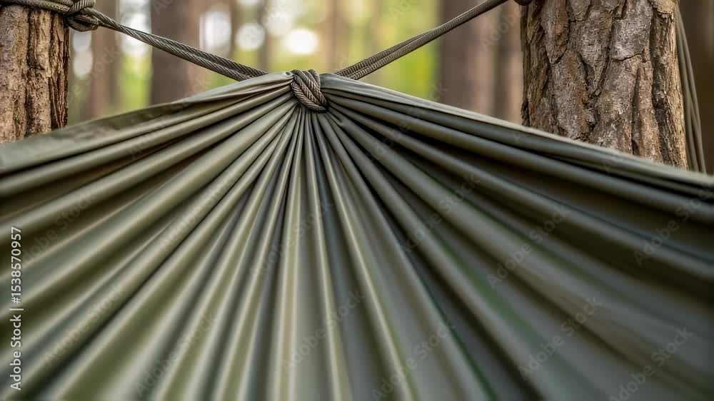 Poster green hammock hanging between two trees in forest