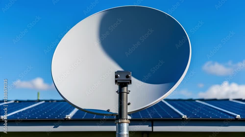 Aufkleber satellite dish rotating and searching for signal on building with solar panels