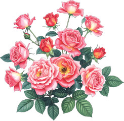 Naklejka premium pink roses arrangement with blooming flowers. pink roses with a touch of orange in the bouquet. Artistic pink roses bouquet with lush green leaves. Bright pink roses in full bloom surrounded by buds
