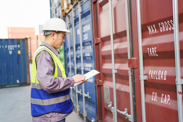 Customs clearance officer or shipyard engineer is inspects against the import - export cargo...