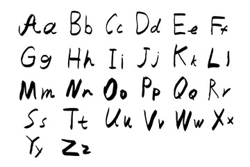 Alphabet and numbers are handwritten in black pen scrawl on white background. Doodle style English letters are uppercase and small in different styles. Numbers drawn black capillary pen.