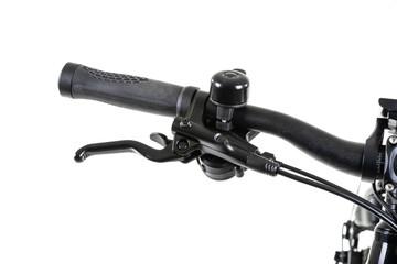 Black bicycle steering wheel closeup isolated