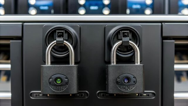 Padlocks securing server rack, data protection and network security