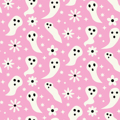 White Small Ghosts seamless pattern with retro flowers and stars on pink background. For Halloween Fabric, textile and wrapping paper