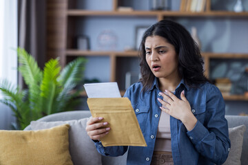 Shocked young Indian woman sitting on the couch at home and anxiously reading a news letter she...