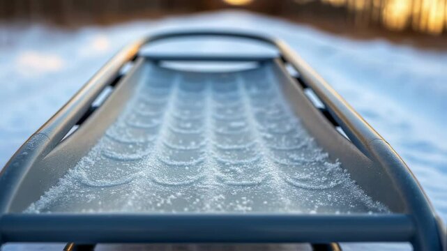 Frozen rescue sled covered in snowflakes ready for winter emergency