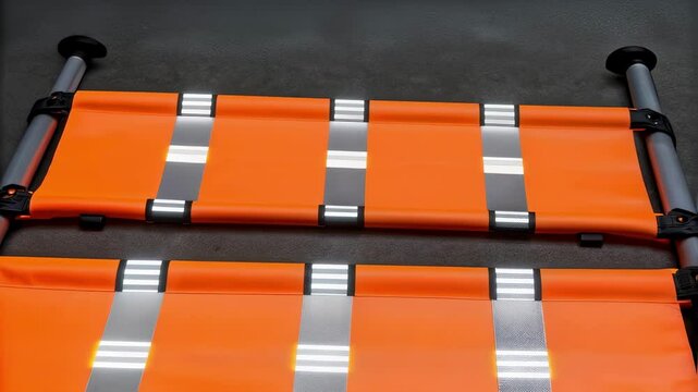 Orange stretchers with retroreflective strips for emergency services