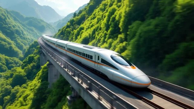 Modern highspeed train journey through lush mountains and green forest landscape