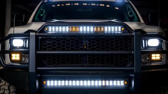 Powerful led light bars illuminating front of pickup truck