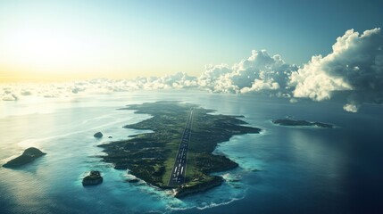Breathtaking aerial perspective of an island runway surrounded by the ocean during daylight
