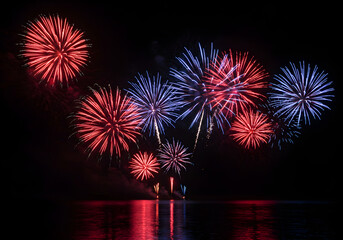 Red and Blue Fireworks Display over Water at Night | Festive Celebration, Event Photography for Holiday Backgrounds