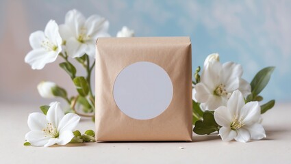 Fototapeta premium Round sticker mockup on gift box, wedding favor box and blank sticker label to showcase design or text