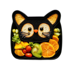 Fototapeta premium Whimsical Cat-Shaped Bento Box with Fresh Fruits and Vegetables for a Fun Meal Experience on transparent background