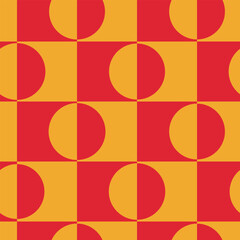 Minimalist half circles on retro squares seamless pattern in orange and red. For wallpaper, home décor and retro backgrounds