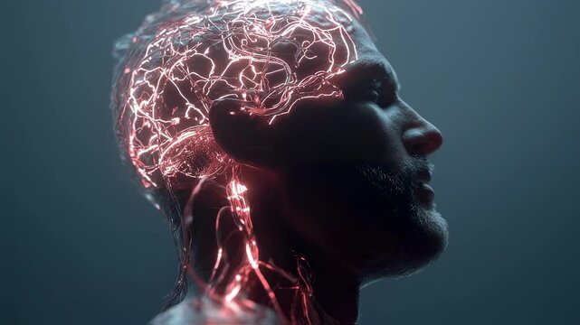 Visualization of a man's brain activity dimming, possibly due to a glucose crash, showing a decrease in neural connections and energy levels