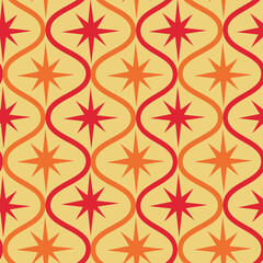 Mid century modern red and orange atomic starbursts on retro ogee shapes seamless pattern on yellow background. For wallpaper, home décor, wrapping paper and fabric