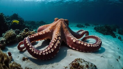 Underwater View of Octopus Resting on Sandy Ocean Floor with Coral Reef