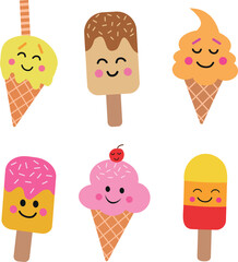 Set of Six Kawaii cartoon colorful ice cream cones. For stickers, summer graphics , clipart, and kids clothing