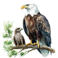 A Mother Eagle With Her Kid, watercolor painting vector, isolated on a white background.