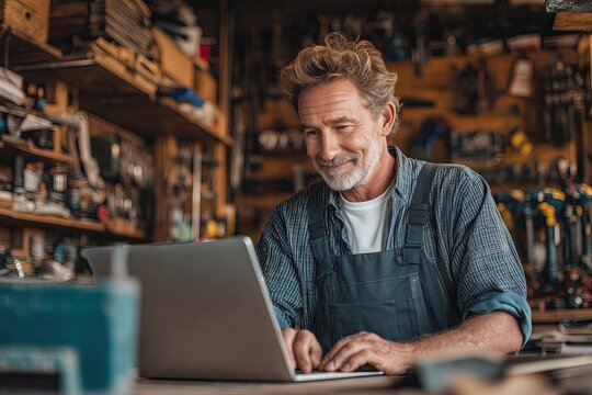 Smiling mature man using laptop in a hardware workshop, representing small business and craftsmanship