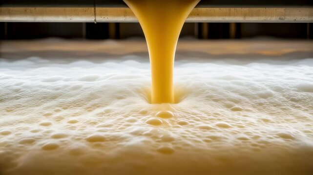 Golden liquid pouring and creating bubbles in food processing