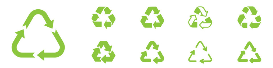 Recycle vector icon set. Arrows, heart and leaf recycle eco green symbol. Rounded angles. Recycled signs illustration isolated on white background. Recycling arrow ecofriendly. Vector Illustration. 