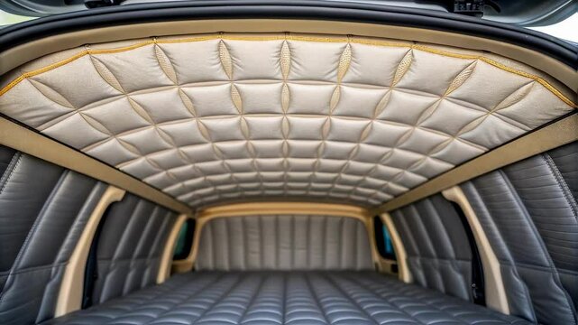 Empty modern hearse interior showing ceiling and floor upholstery