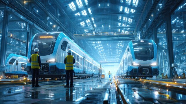 Fototapeta Modern Train Maintenance: A striking scene of railway maintenance unfolds in a spacious, well-lit depot. Engineers stand vigilant beside advanced trains, embodying precision and technological prowess.